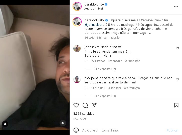 Geraldo Luís fez desabafo sobre noitada com o filho e relatou cansaço (Foto: Reprodução/ Instagram)