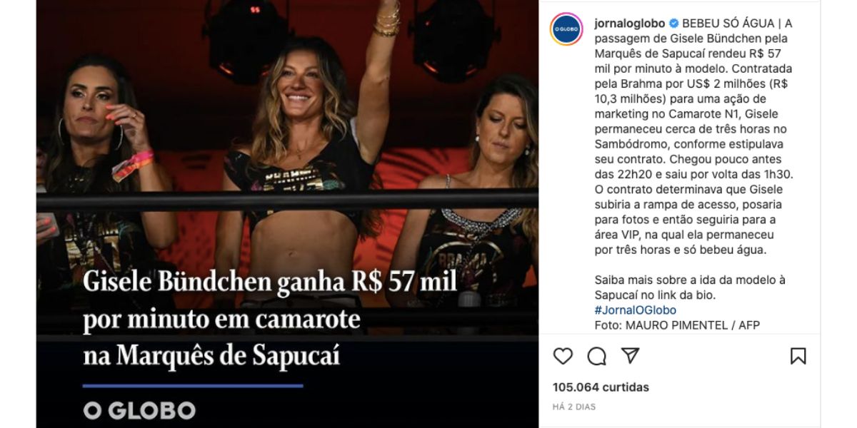 Gisele Bündchen só bebeu água no carnaval (Foto: Instagram)