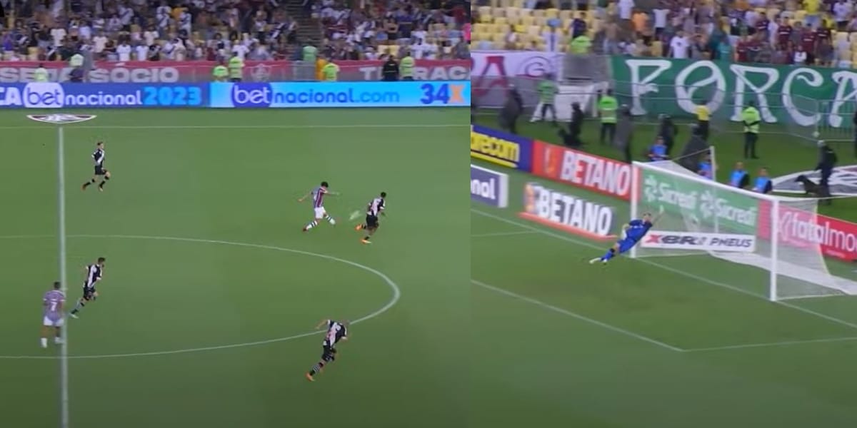 Gol do atacante Germán Cano, no jogo contra o Vasco da Gama, na vitória do Fluminense por 2 a 0 (Reprodução: Bora Brasil/ Band)