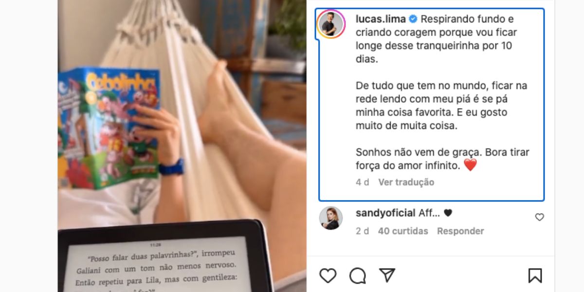 Lucas Lima mostra vídeo ao lado de filho, Theo, enquanto liam um livro em uma rede e Sandy manda recado público carinhoso (Foto: Reprodução / Instagram) 