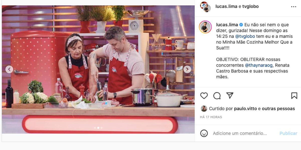 Lucas Lima anuncia que estará no reality Minha Mãe Cozinha Melhor Que a Sua da Globo e Sandy diz que ele terá nova função em casa, caso ganhe (Foto: Reprodução / Globo)