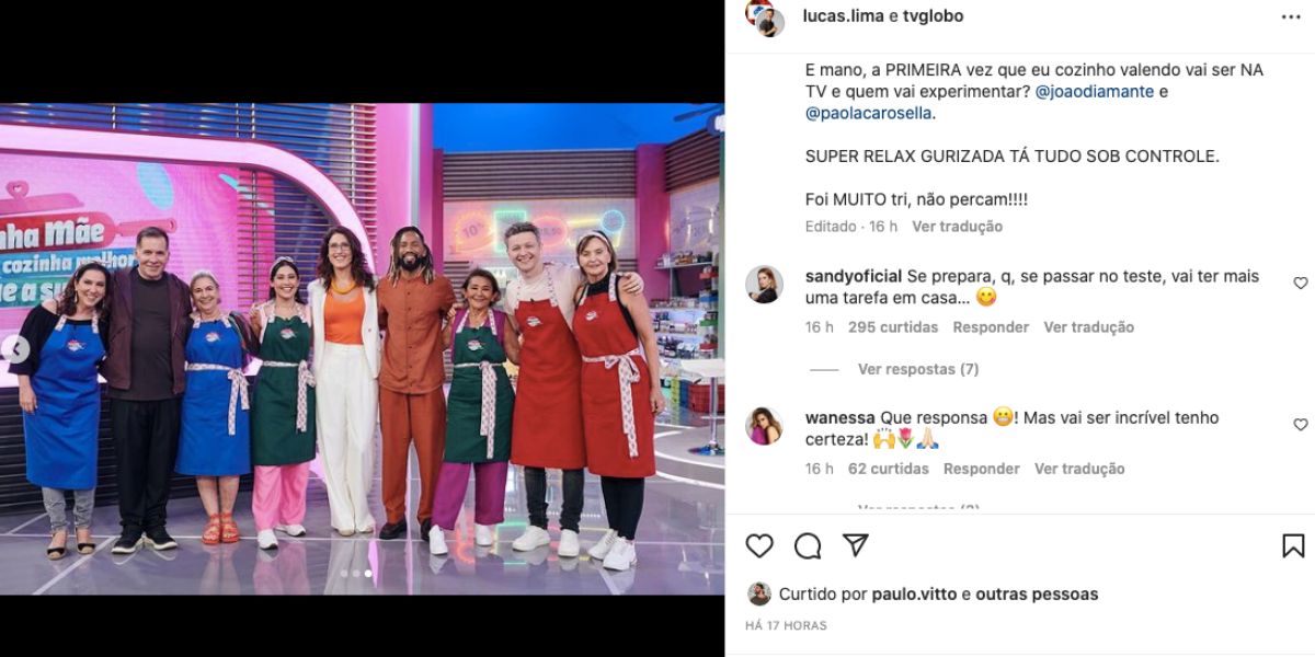 Lucas Lima anuncia que estará no reality Minha Mãe Cozinha Melhor Que a Sua da Globo e Sandy diz que ele terá nova função em casa, caso ganhe (Foto: Reprodução / Globo)