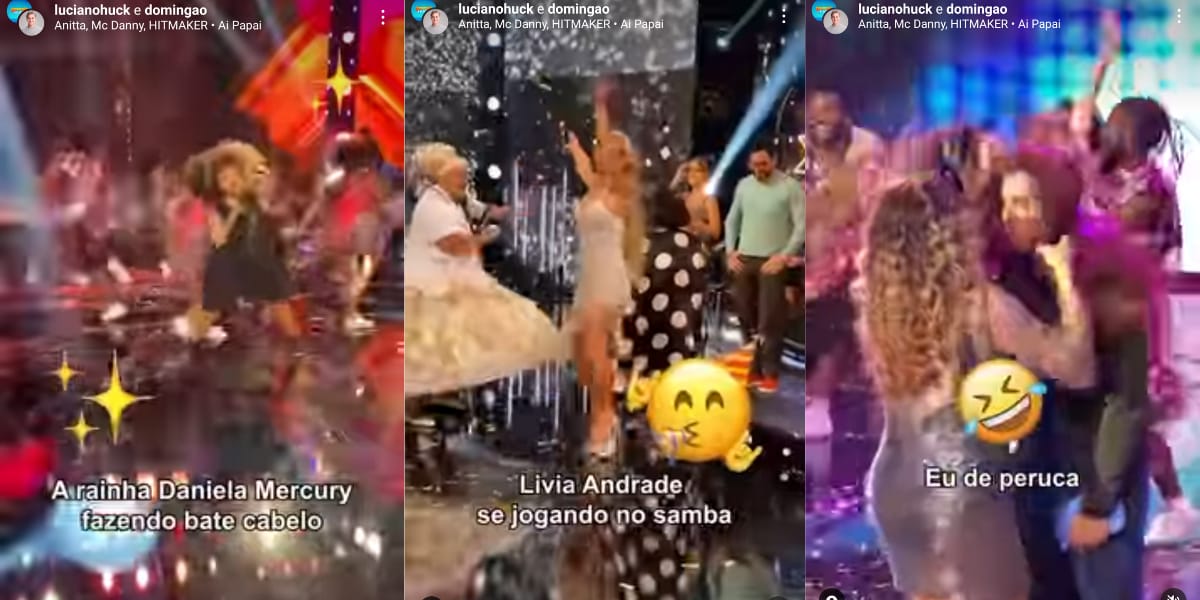 Daniela Mercury, Lívia Andrade e Luciano Huck aproveitando a festa de Carnaval no Domingão (Reprodução: Instagram)