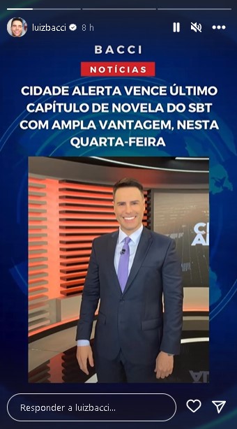 Luiz Bacci celebrou vitória do Cidade Alerta em cima de último capítulo de novela do SBT (Foto: Reprodução/ Instagram)