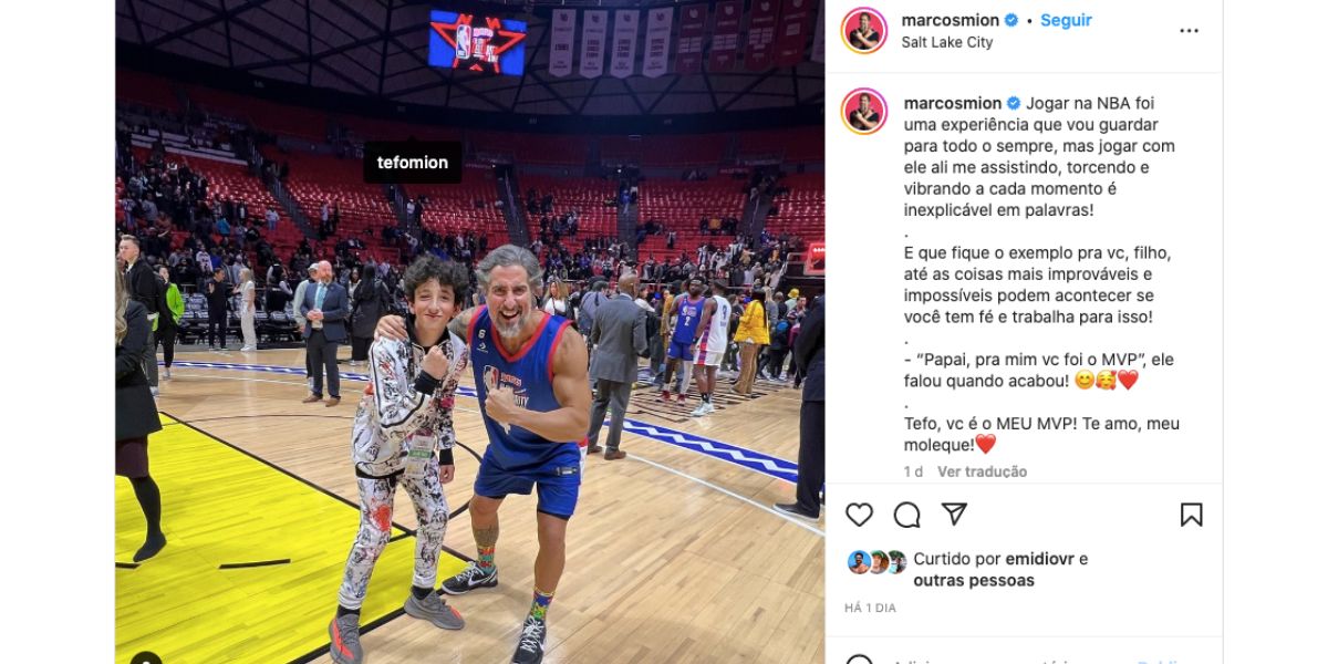 Marcos Mion entrega o que viveu ao lado do filho, Stefano, em jogo de basquete (Foto: Reprodução / Instagram) 