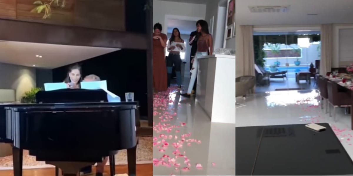 Piano de caldas e sala de estar enorme da mansão da atriz (Reprodução: Montagem TV Foco)