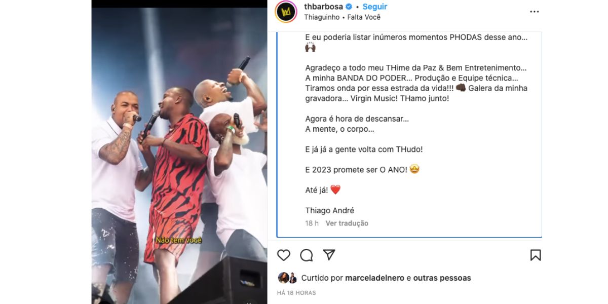 Thiaguinho diz que irá tirar um tempo de férias e retornará em breve (Foto: Instagram)
