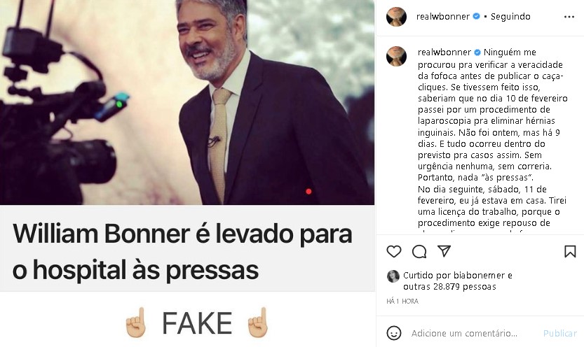 William Bonner fez desabafo nas redes sociais sobre notícia falsa que saiu sobre sua saúde (Foto: Reprodução/ Instagram)