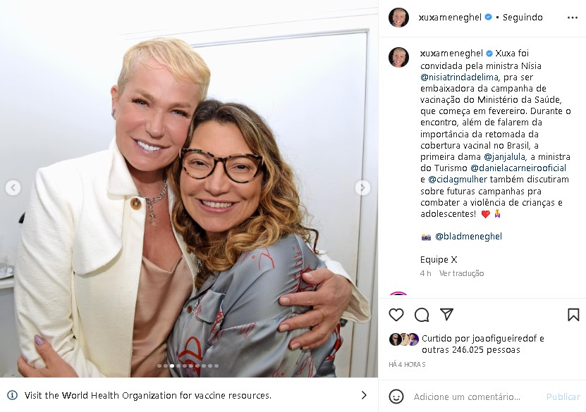 Xuxa Meneghel posou com Janja, esposa de Lula, e fez um comunicado especial (Foto: Reprodução/ Instagram)