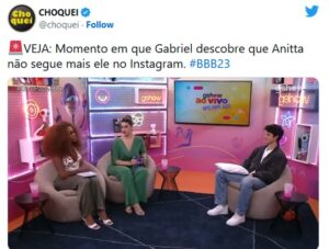 BBB23 - Gabriel descobre que Anitta não o segue mais e tem reação chocante (Foto: Reprodução / Twitter) 