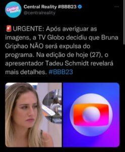 Urgente: BBB23 acaba de decidir se Bruna será expulsa do reality e Tadeu dará detalhes (Foto: Reprodução / Twitter)