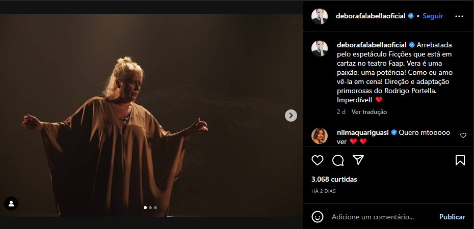 Débora Falabella divulgou registros de Vera Holtz no palco - Foto; Reprodução