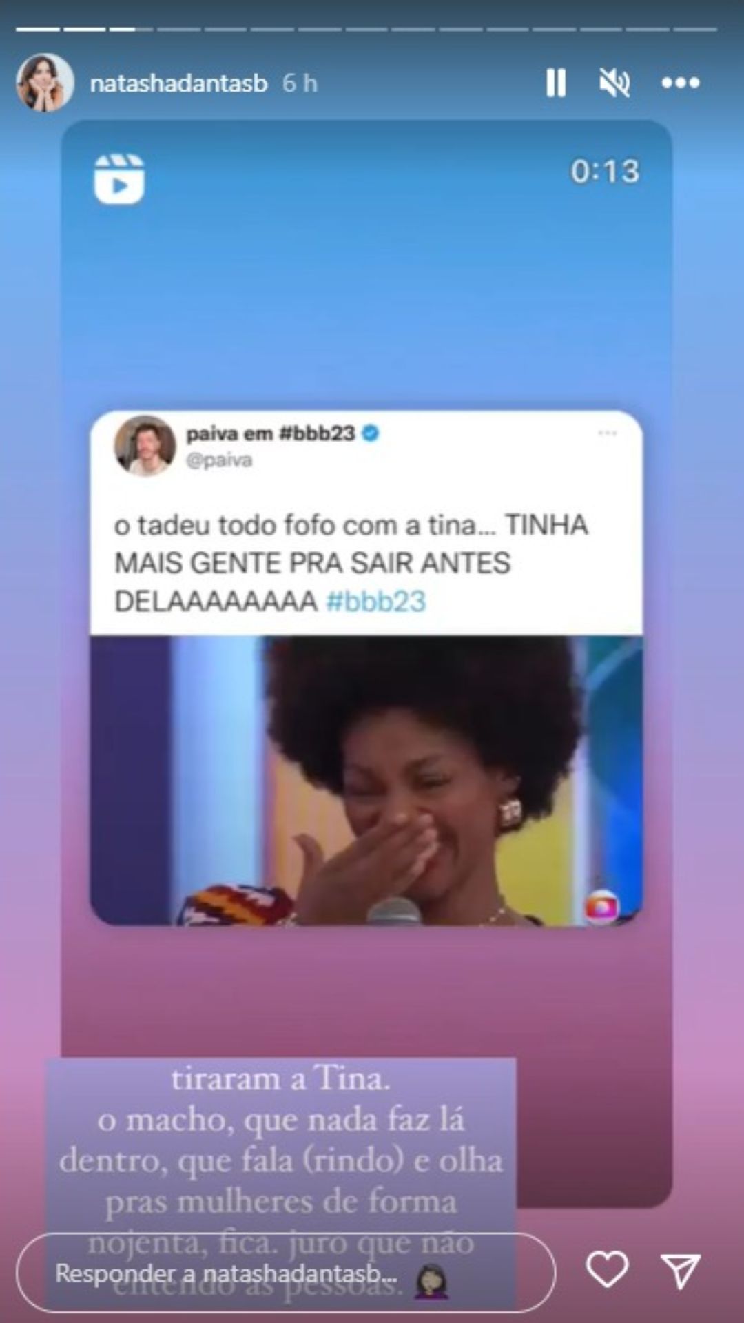 Natasha Dantas, esposa de William Bonner, reclamou do resultado do paredão do BBB (Reprodução - Instagram)