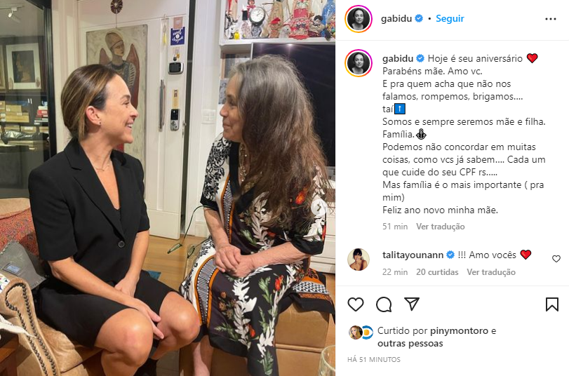 Gabriela Duarte ficou frente a frente com Regina Duarte e falou sobre rompimento (Foto: Instagram) 