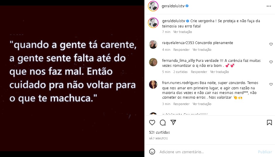 Geraldo Luís deixou um recado enigmático ao seguidores de plantão (Foto: Reprodução/ Instagram)