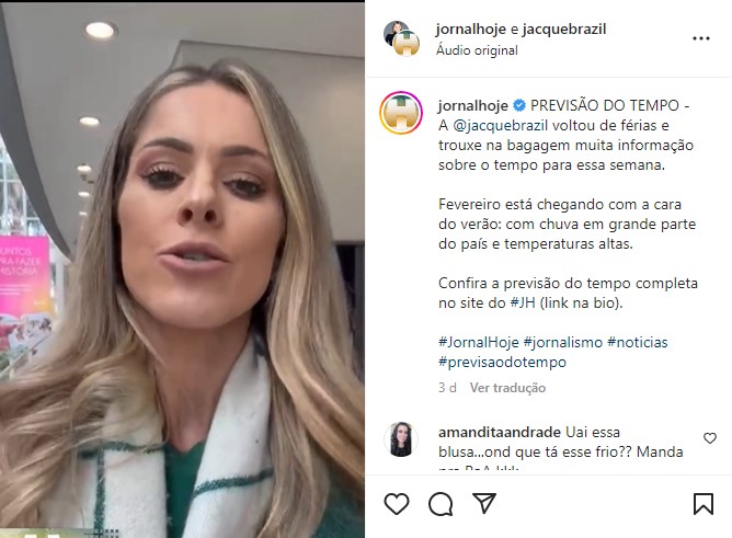 Jacqueline Brazil retorna das férias com muito trabalho e já atualiza o público sobre o clima da cidade (Foto: Reprodução)