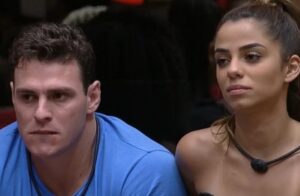 Gustavo Benedeti e Key Alves na formação do paredão relâmpago; fazendeiro caiu na berlinda do BBB23 (Foto: Reprodução / Globoplay)