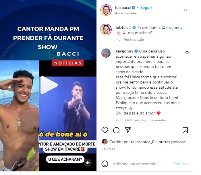 O cantor Kevi Jonny foi exposto por Luiz Bacci nas redes sociais (Foto: Reprodução)