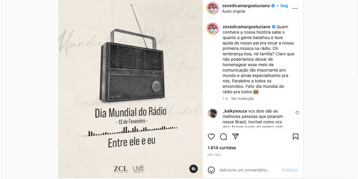 Perfil de Zezé e Luciano faz anúncio importante sobre o que marcou dupla e celebra criação da rádio (Foto: Reprodução / Instagram)