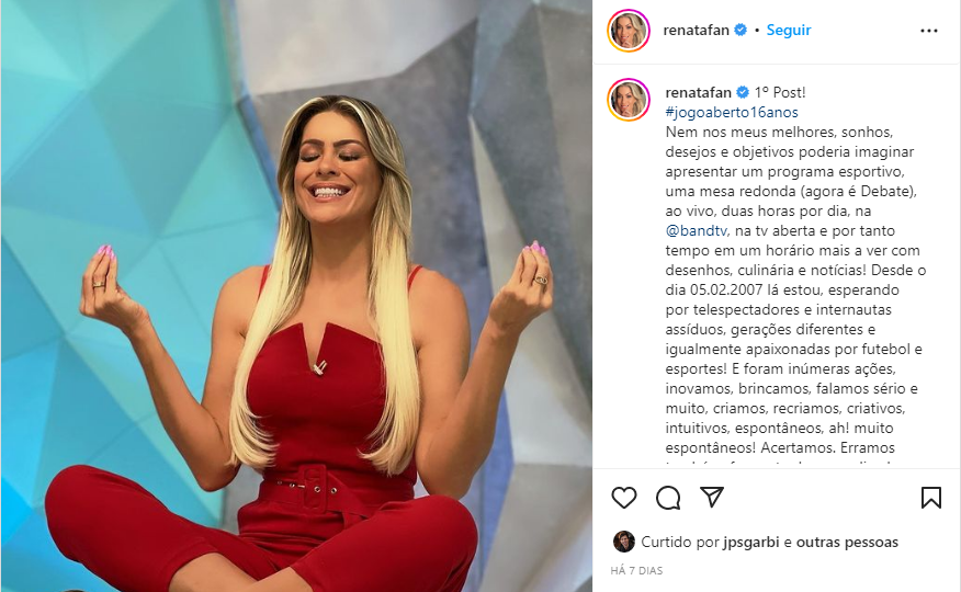 Renata Fan escreveu texto impactante sobre os 16 anos de 'Jogo Aberto' (Foto: Instagram) 