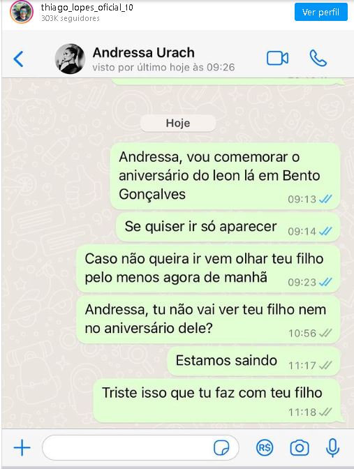 Thiago Lopes, ex-marido de Andress Urach a acusa de abandonar o próprio filho no dia do aniversário dele e expõe print - Foto Reprodução Instagram