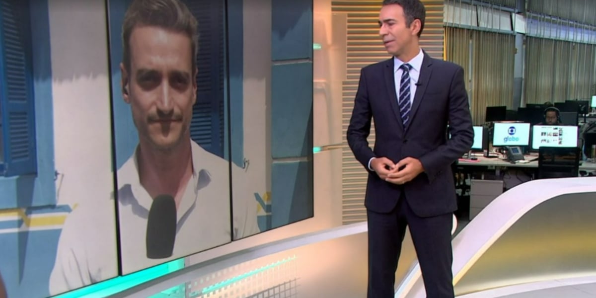 Tiago Scheuer e César Tralli em link no "Encontro" (Foto: Reprodução/TV Globo)