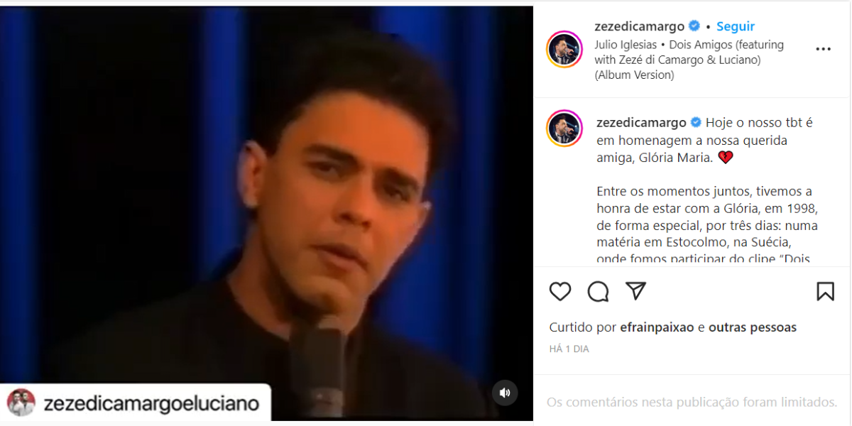 Em luto, Zezé Di Camargo homenageia Glória Maria nas redes sociais (Foto: Instagram)