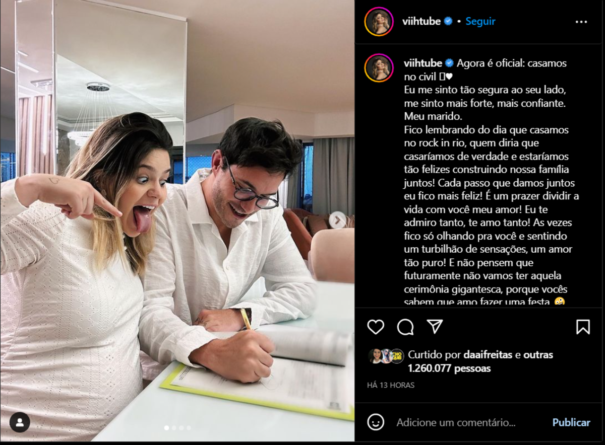 Postagem de Vihh Tube pelas redes sociais anunciando a decisão do casal de oficializar a relação por meio de um casamento civil (Foto Reprodução/Instagram)