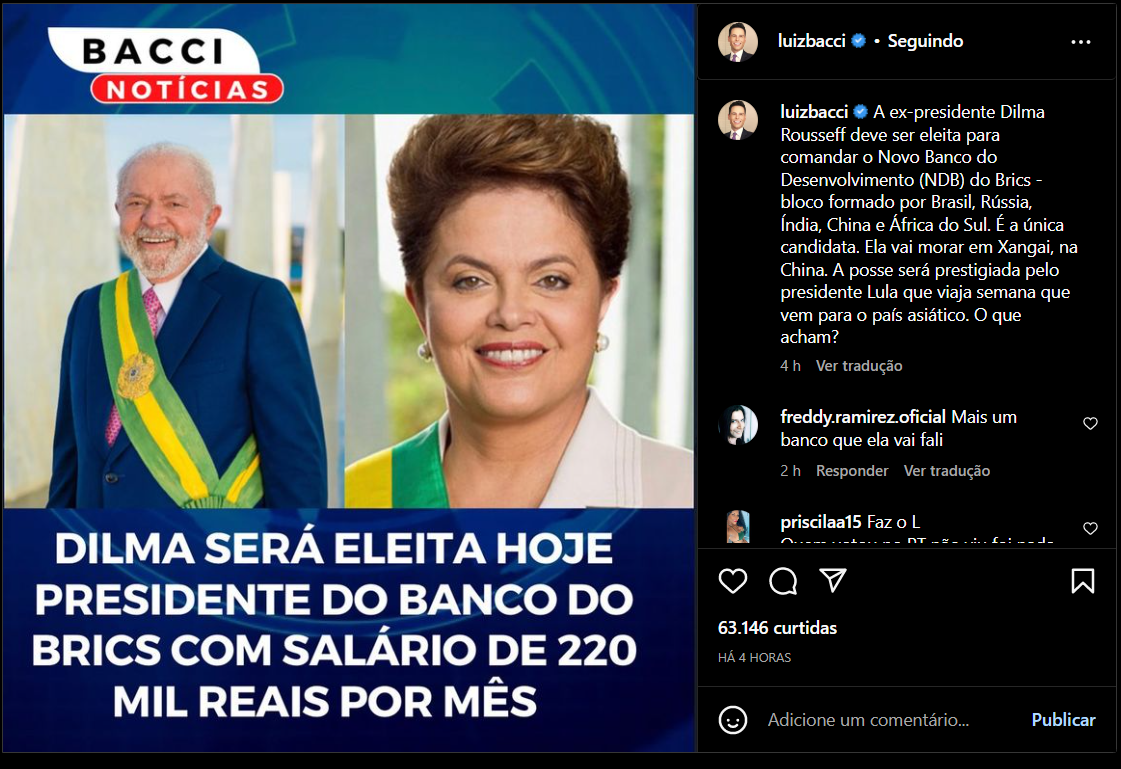 Publicação de Luiz Bacci sobre a nomeação de Dilma (Foto Reprodução/Instagram)