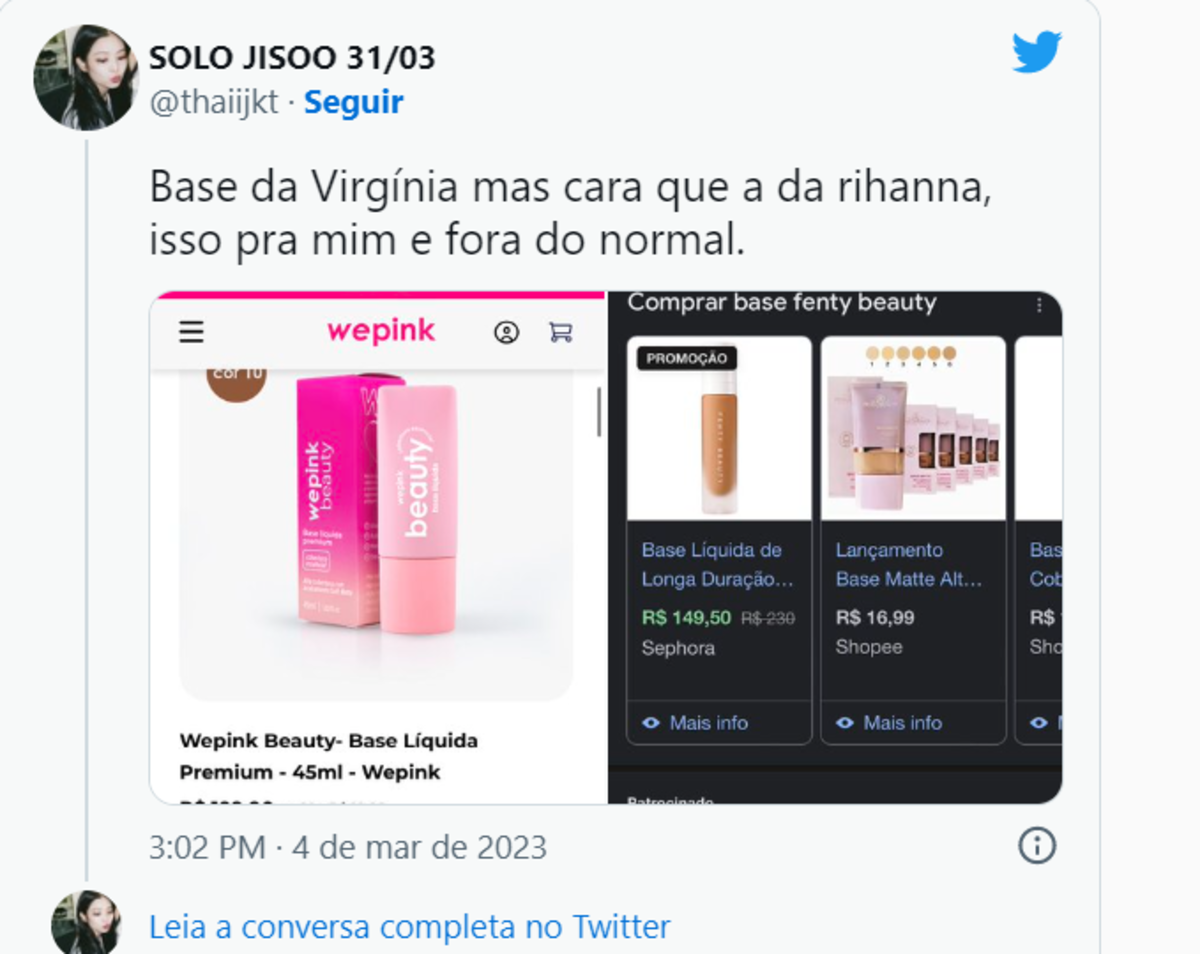 A base de Virgina Fonseca foi comparada a da Rihanna, sendo vista como mais cara (Foto Reprodução/Twitter)