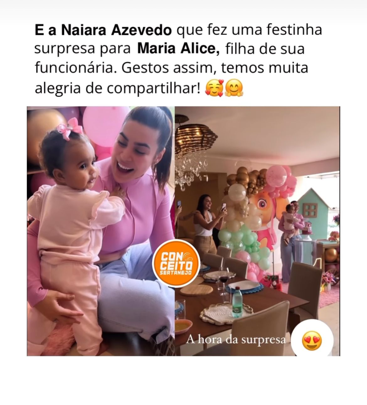 A cantora Naiara Azevedo faz festinha surpresa para a filha da sua funcionária e atitude encanta a web - Foto Reprodução Instagram Conceito Sertanejo