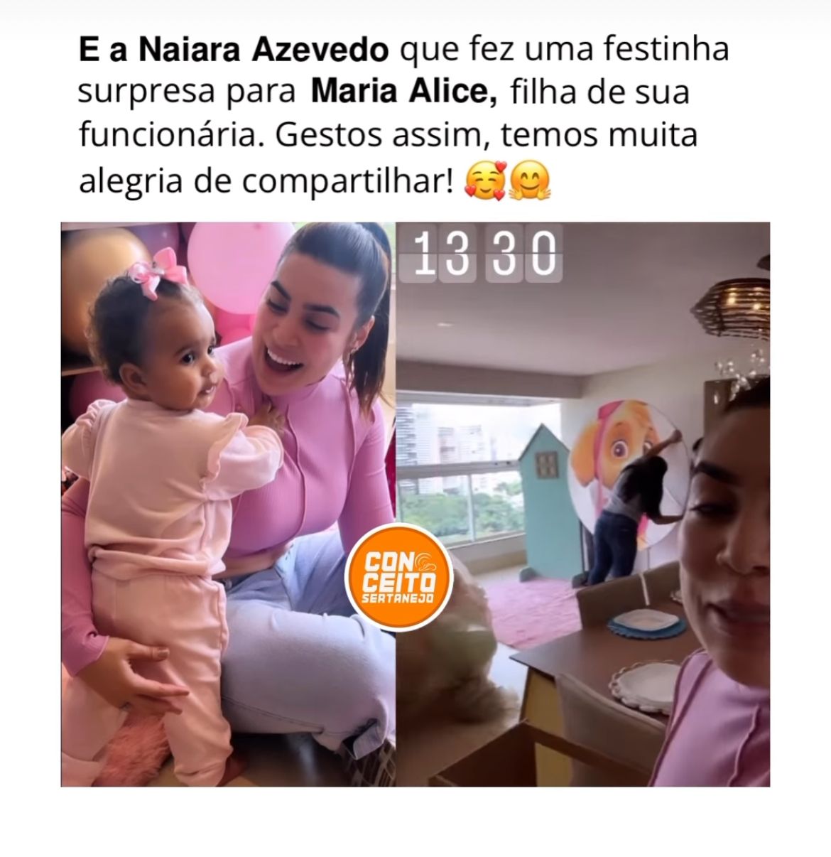 A cantora Naiara Azevedo faz festinha surpresa para a filha da sua funcionária e atitude encanta a web - Foto Reprodução Instagram Conceito Sertanejo