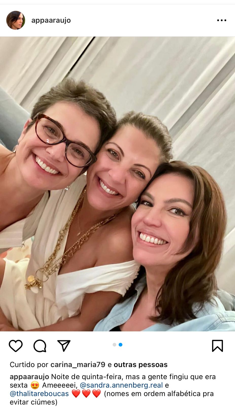 Ana Paula Araújo, da Globo, publica foto ao lado de Sandra Annenberg e Thalita Rebouças, e manda recado sobre fingimento - Foto Reprodução Instagram