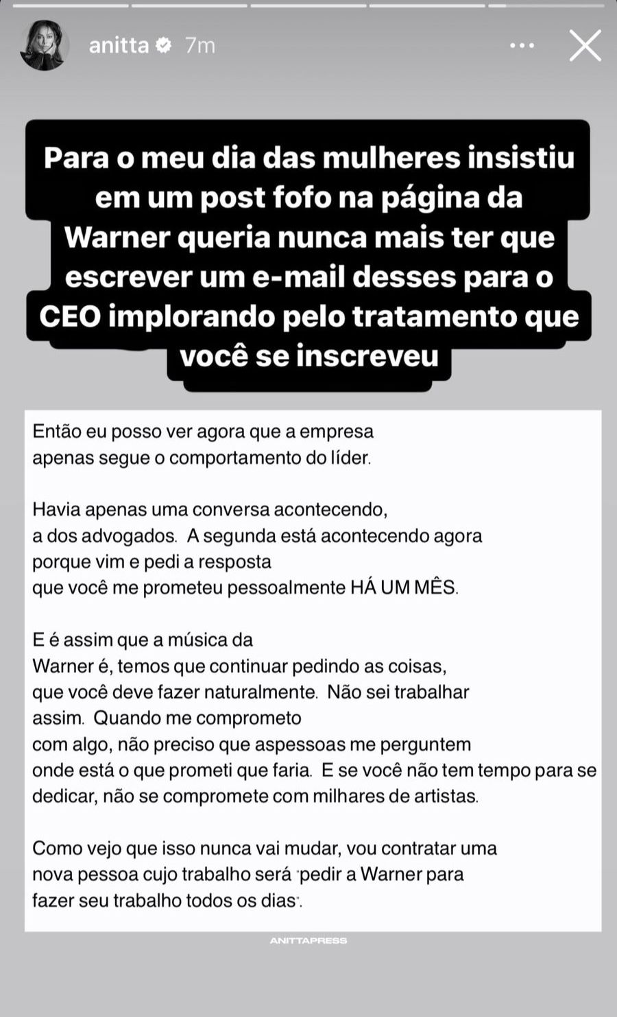Anitta detona Warner Music - Foto Reprodução Instagram