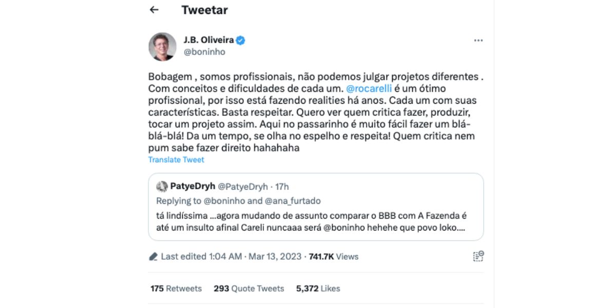 Boninho fica irritado com comparações entre BBB e A Fazenda, e sai em defesa de Rodrigo Carelli (Foto: Reprodução / Twitter)