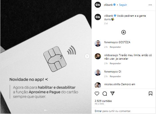 C6 Bank confirma ótima novidade - Foto Reprodução Instagram