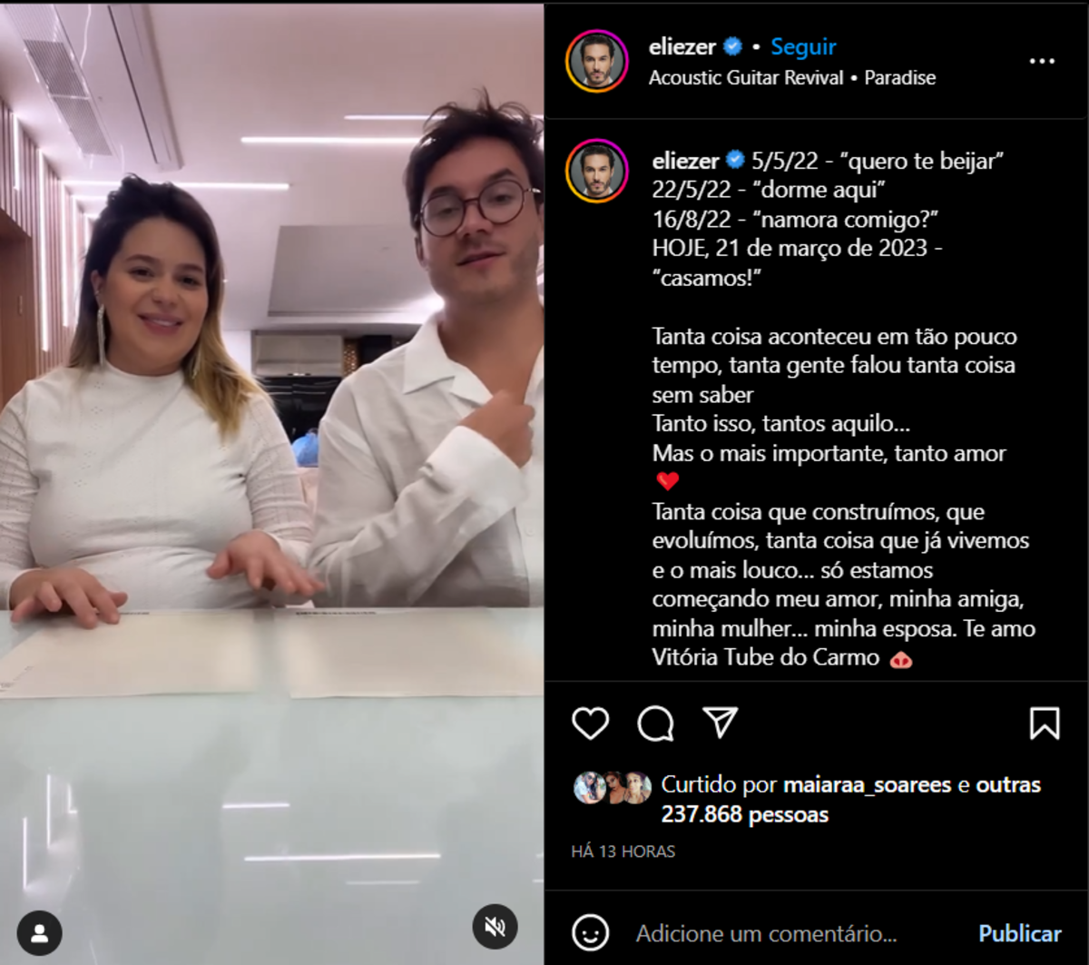 Postagem de Eliezer aonde ele declara seu amor por meio de uma linha cronológica em sua legenda(Foto Reprodução/Instagram)