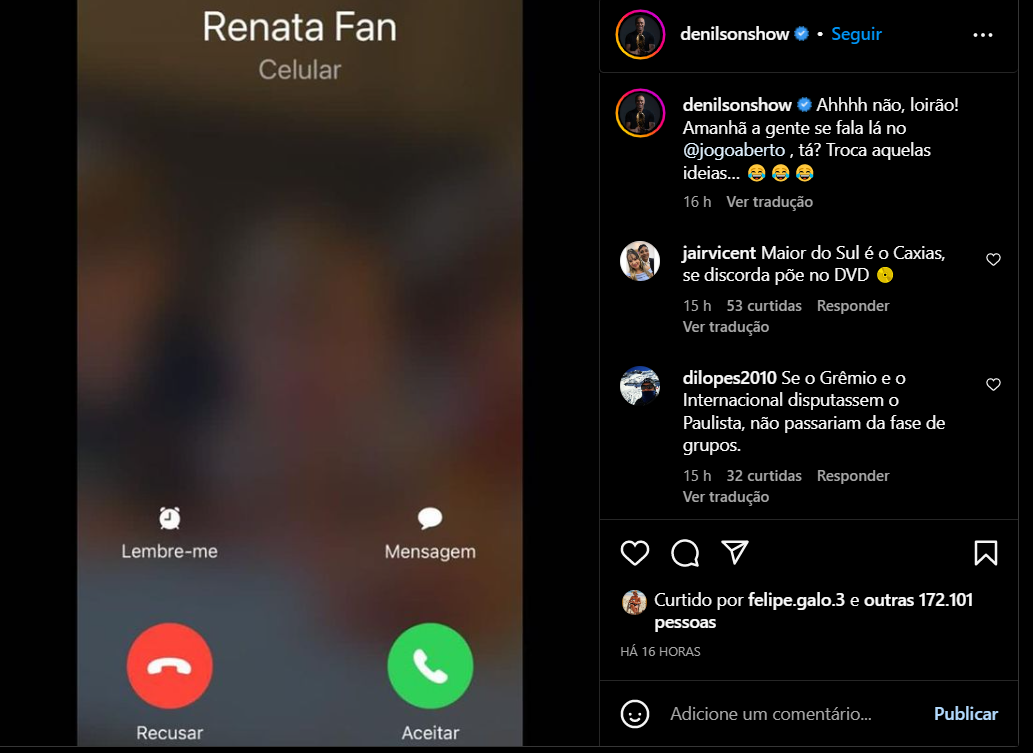 Ligação de Renata Fan para Denílson (Foto Reprodução/Instagram)