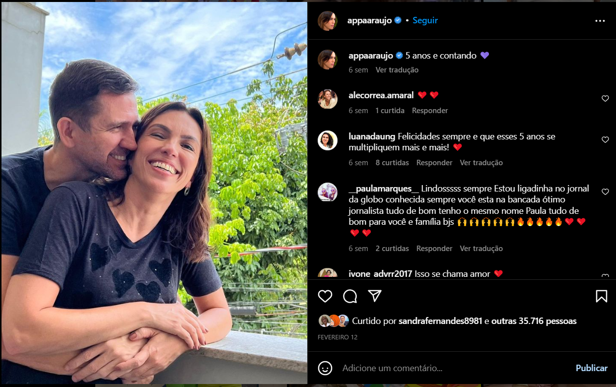 Ana Paula Araújo celebra união com Pedro Correa pelas redes sociais (Foto Reprodução/Internet)