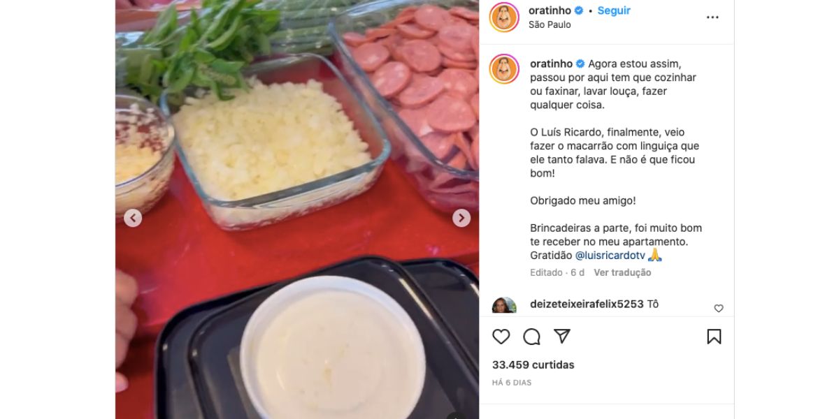 Ratinho recebe visita de Luís Ricardo, que faz macarrão, e fala sobre exigência de comida (Foto: Reprodução / Instagram)