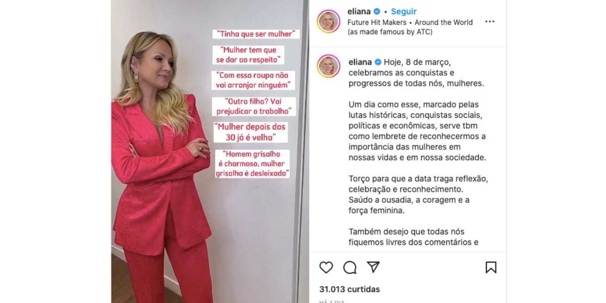 Eliana fez reflexão sobre frases que mulheres estão acostumadas a ouvirem (Foto: Reprodução / Instagram)