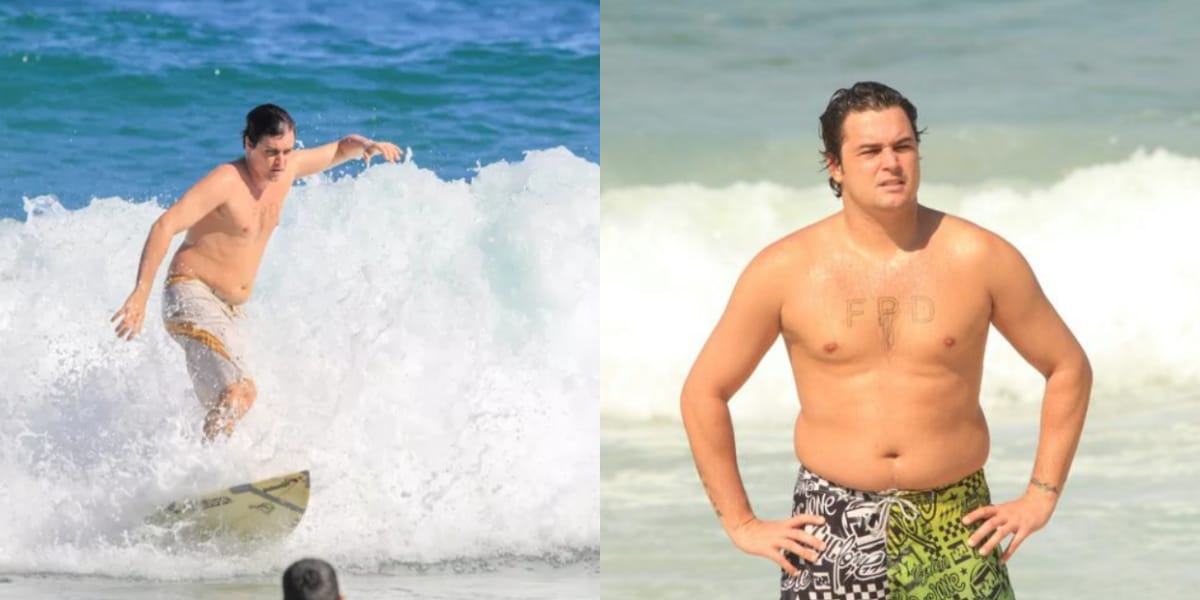 Felipe Dylon cresceu e está mais gordinho hoje em dia, e segue apaixonado pelo surf e as praias (Reprodução: Montagem TV Foco)