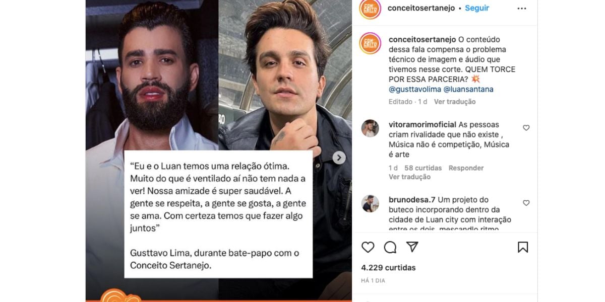 Gusttavo Lima diz ter uma ótima relação com Luan Santana (Foto: Reprodução / Instagram) 