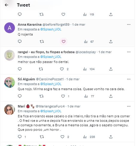 Internautas detonam o fato de Amanda do BBB23 usar o cabelo como fio dental - Foto Reprodução Twitter