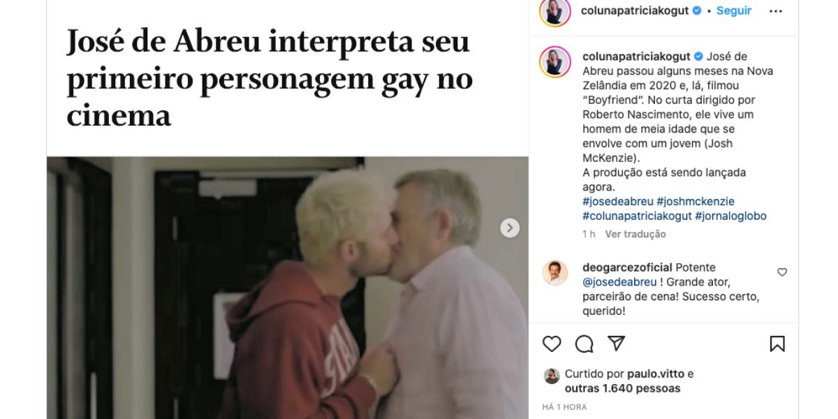 José de Abreu e Josh McKenzie vivem personagem gay em filme (Fotos: Reproduções / Instagram)