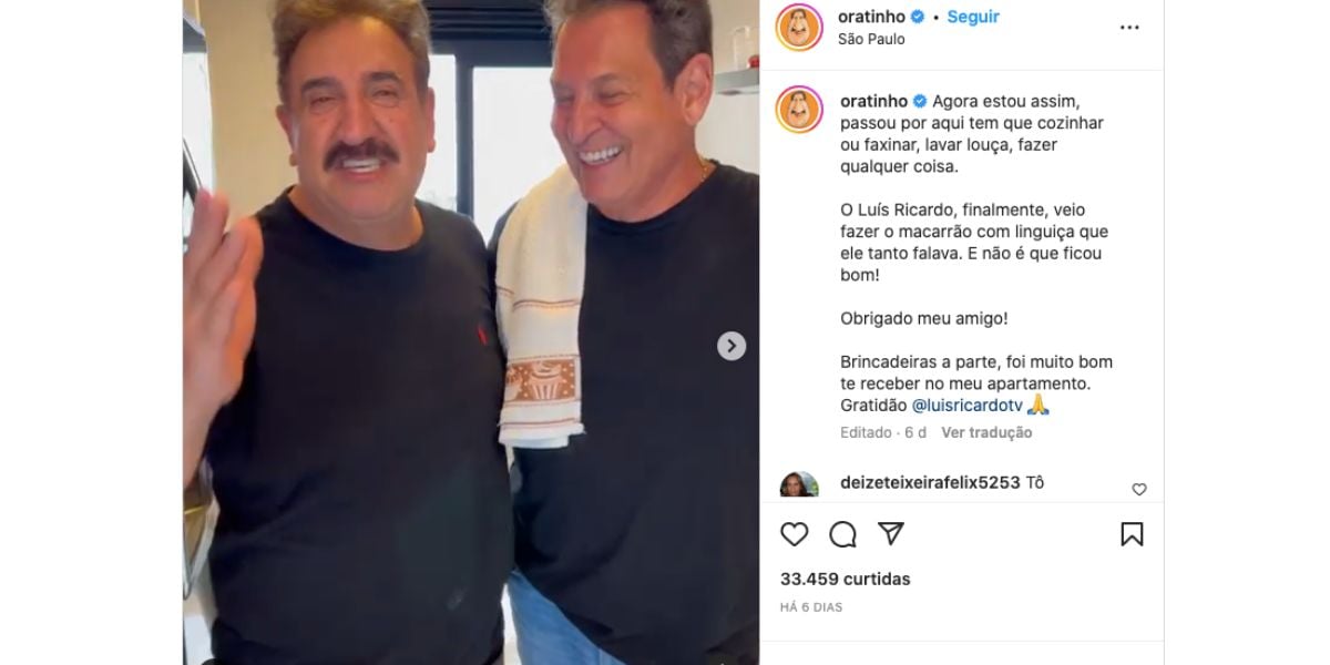 Ratinho recebe visita de Luís Ricardo, que faz macarrão, e fala sobre exigência de comida (Foto: Reprodução / Instagram)