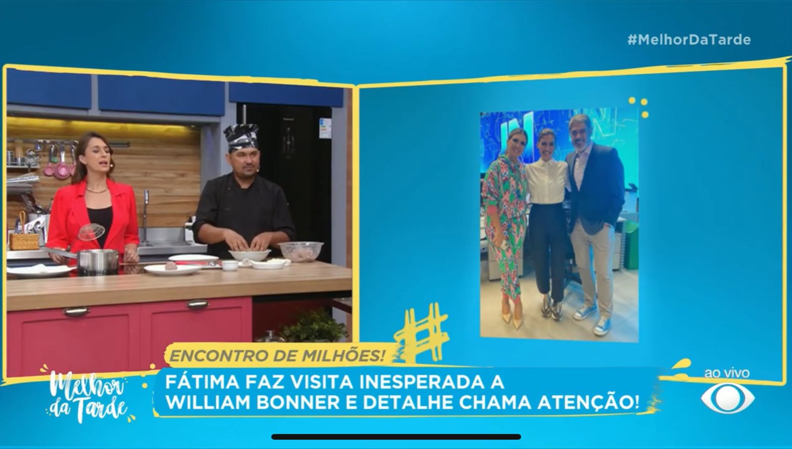 No programa Melhor da Tarde, da Band, Catia Fonseca mostra foto de encontro de Willaim Bonner e Fátima Bernardes, na Globo - Foto Reprodução Band