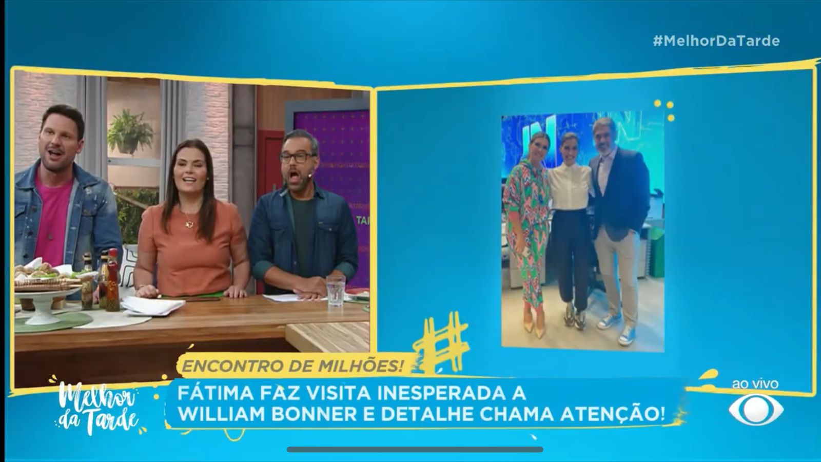 No programa Melhor da Tarde, da Band, Catia Fonseca mostra foto de encontro de Willaim Bonner e Fátima Bernardes, na Globo - Foto Reprodução Band