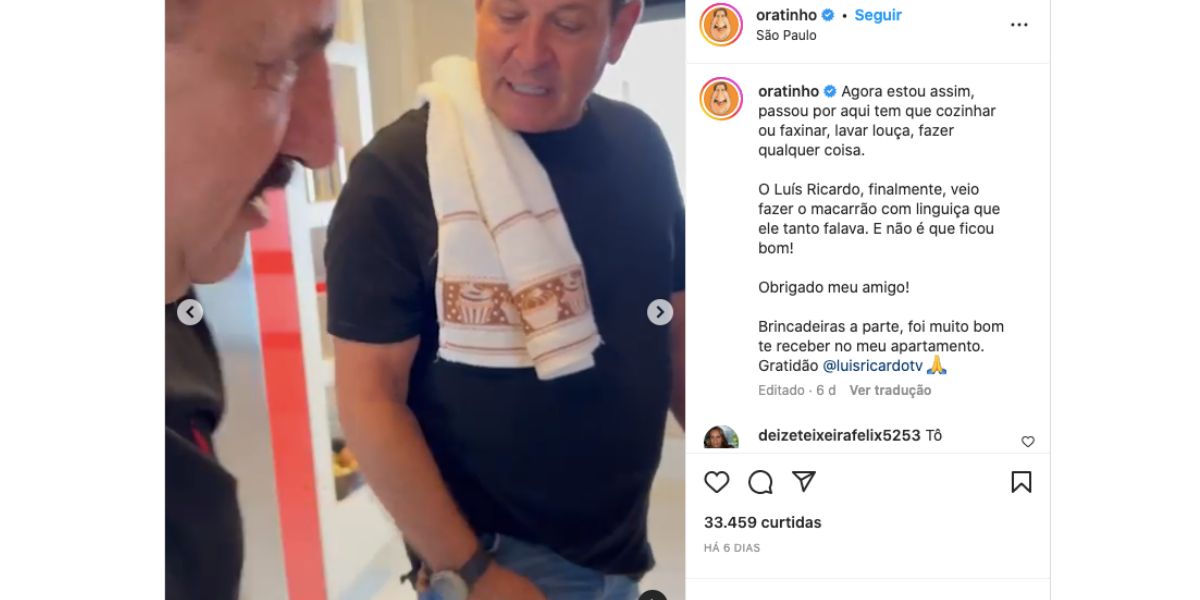 Ratinho recebe visita de Luís Ricardo, que faz macarrão, e fala sobre exigência de comida (Foto: Reprodução / Instagram)