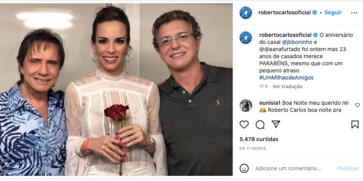 Roberto Carlos celebra aniversário de casamento de Boninho e Ana Furtado (Foto: Reprodução / Instagram)